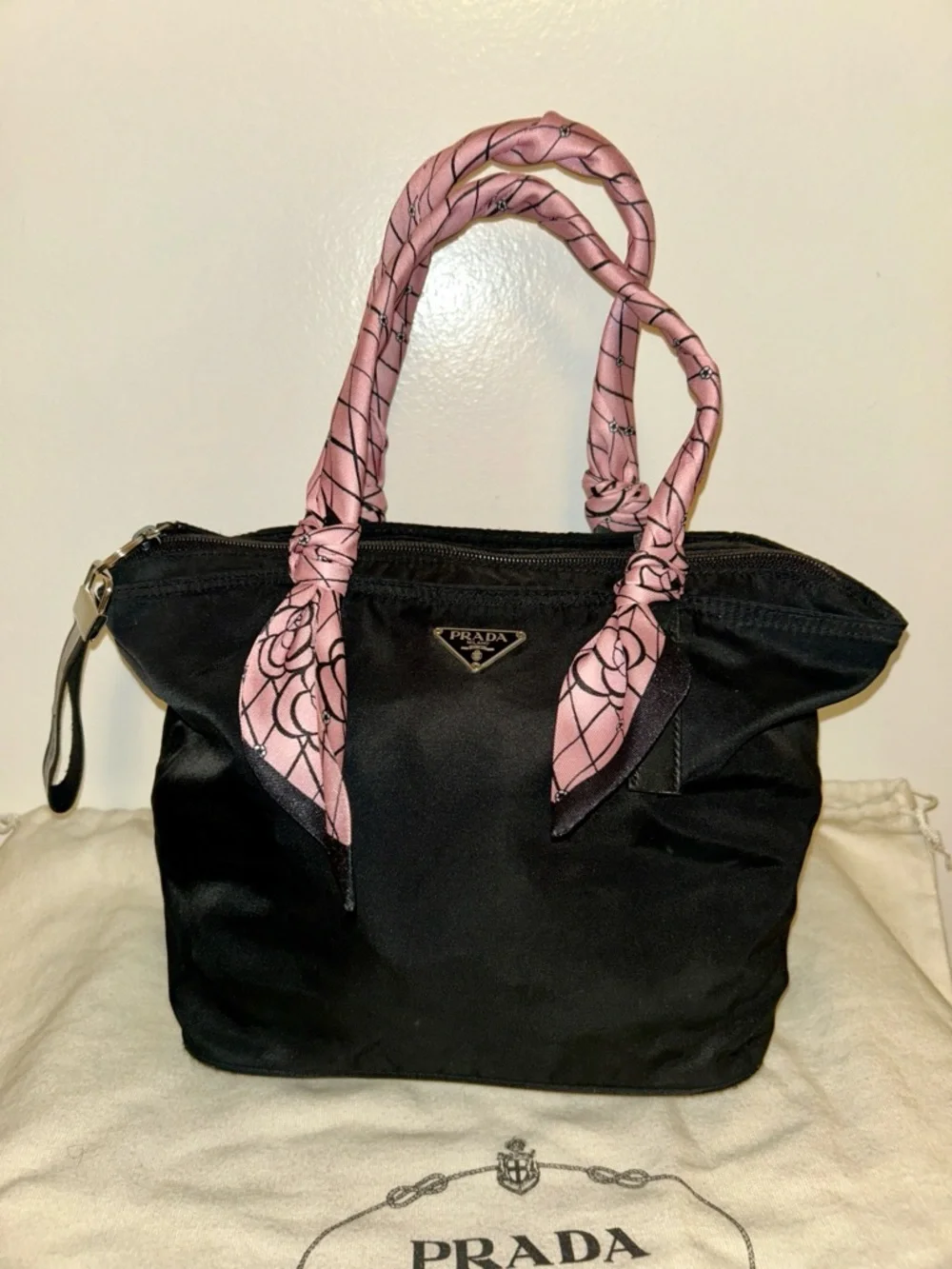 Prada Black Nylon Tote with Pink Scarf-Detail Handles - Picture 9 of 12